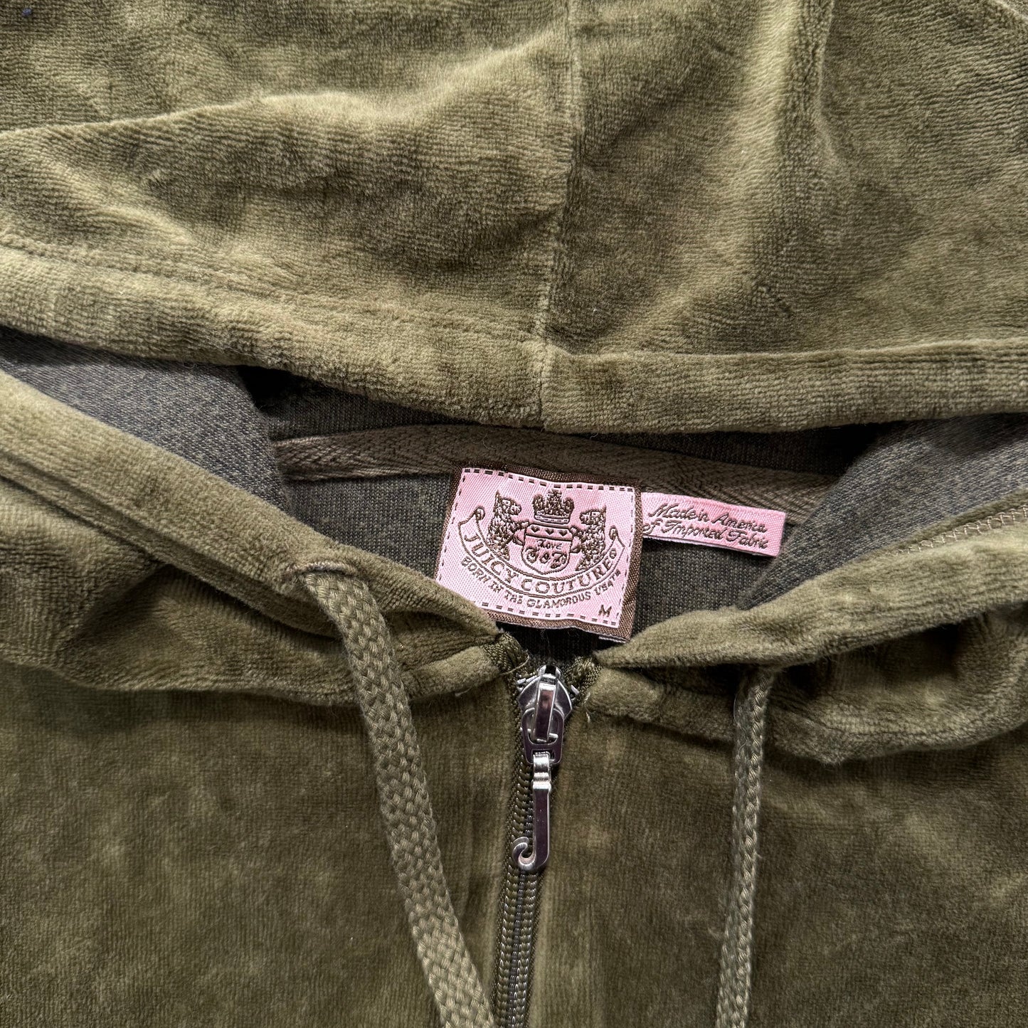 Juicy Couture Women's Olive Green Velour Zip-Up Hoodie Drawstring Pockets Size M