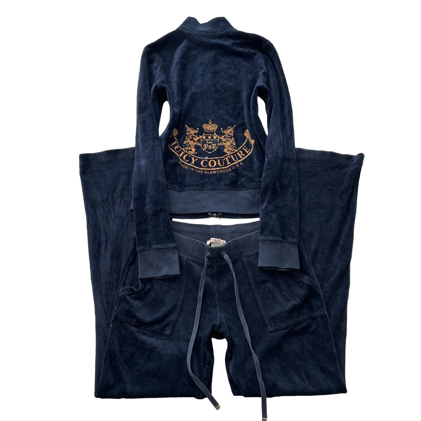 Vintage Juicy Couture Women Navy Velour Tracksuit Set Track Jacket & Pant Size S