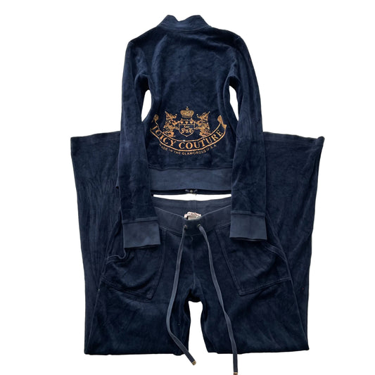 Vintage Juicy Couture Women Navy Velour Tracksuit Set Track Jacket & Pant Size S