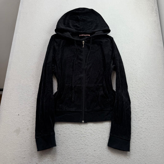 Vintage Juicy Couture Womens Black Velour Tracksuit Set Hoodie & Pant Y2k Size L