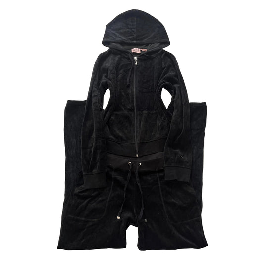 Juicy Couture Women's Black Velour Tracksuit Set Hoodie & Graphic Pant Size M/S