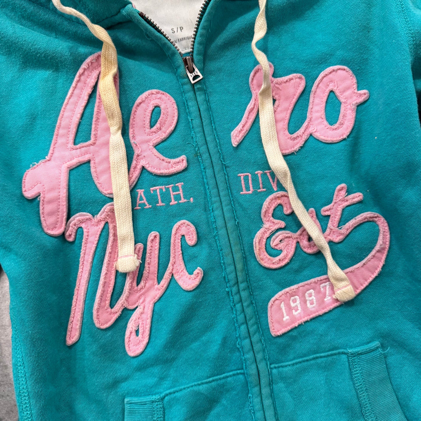 Aeropostale Teal Blue Embroidered Logo Full-Zip Hoodie Drawstring Classic Size S