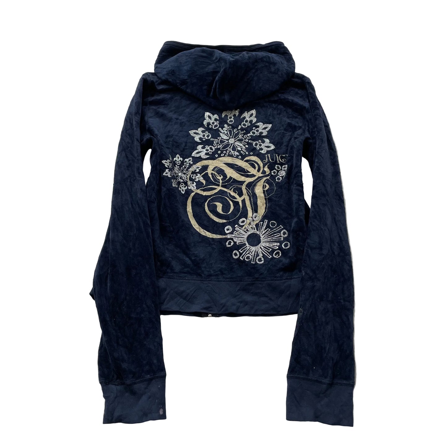 Juicy Couture Women's Navy Blue Velour Zip-Up Hoodie Floral Graphic Logo Size XL