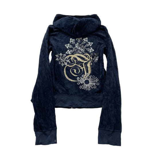 Juicy Couture Women's Navy Blue Velour Zip-Up Hoodie Floral Graphic Logo Size XL