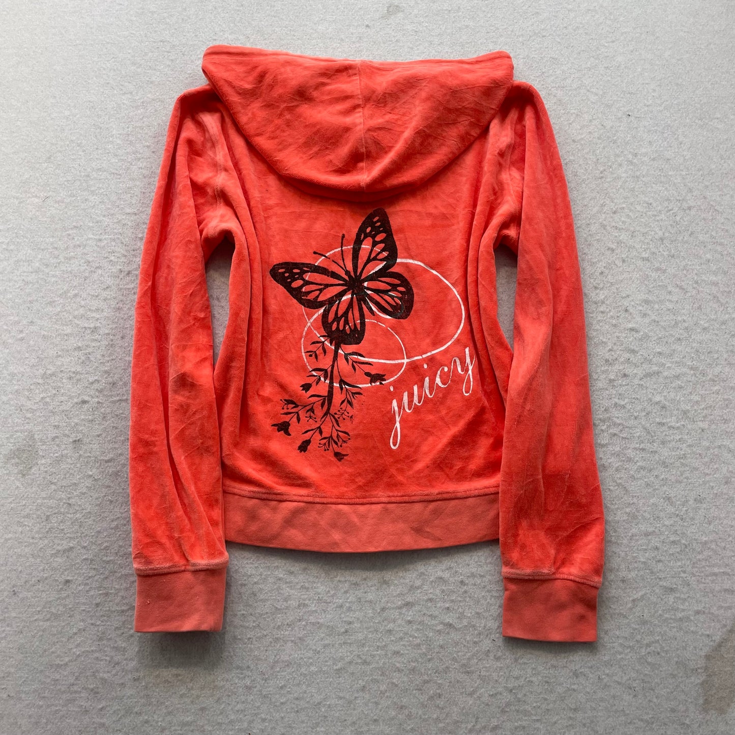 Vintage Juicy Couture Women Orange Velour Zip-Up Hoodie Butterfly Graphic Size S