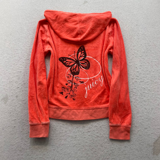 Vintage Juicy Couture Women Orange Velour Zip-Up Hoodie Butterfly Graphic Size S