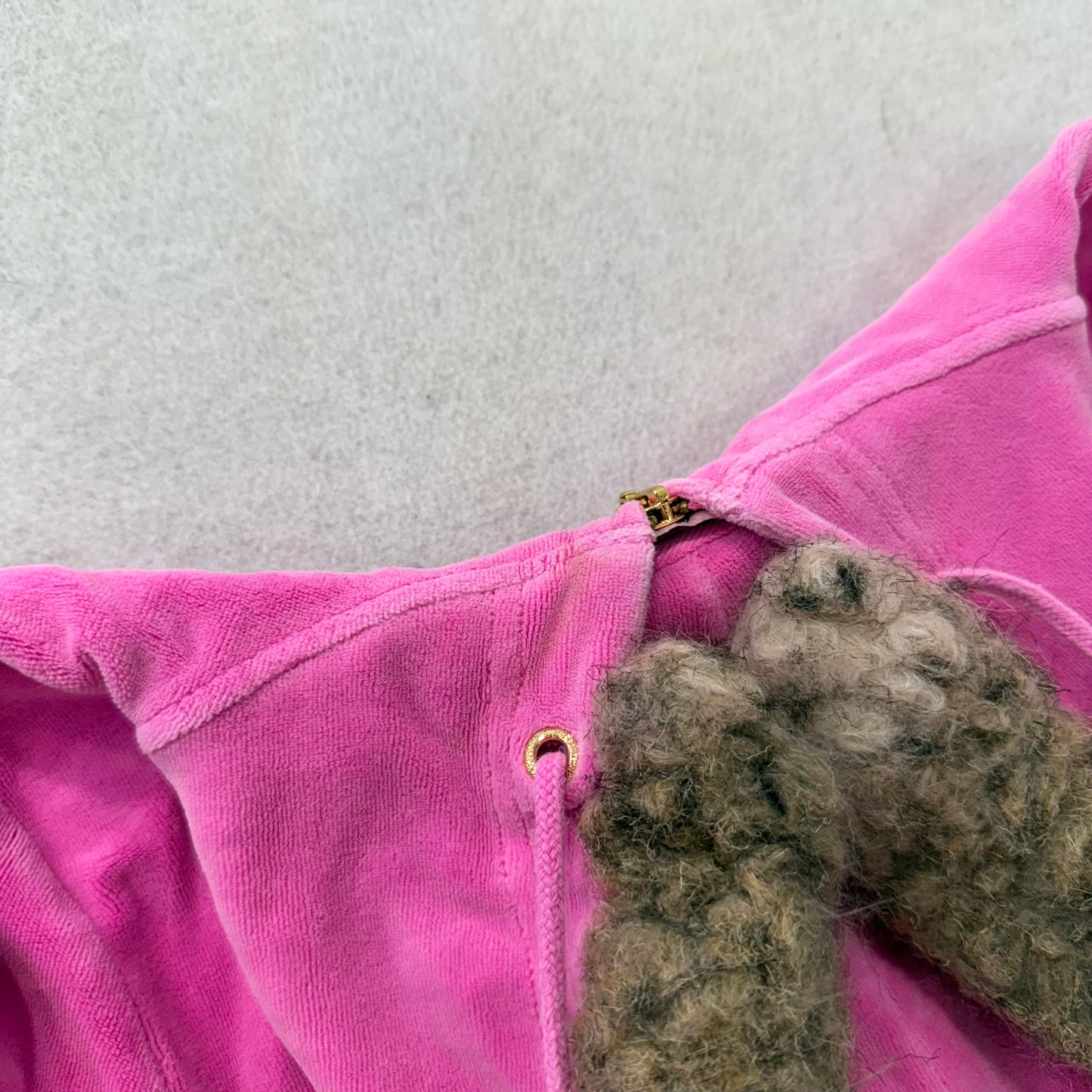 Juicy Couture Hot Pink Velour Zip-Up Hoodie Faux Fur Hood with Pom-Poms Size S