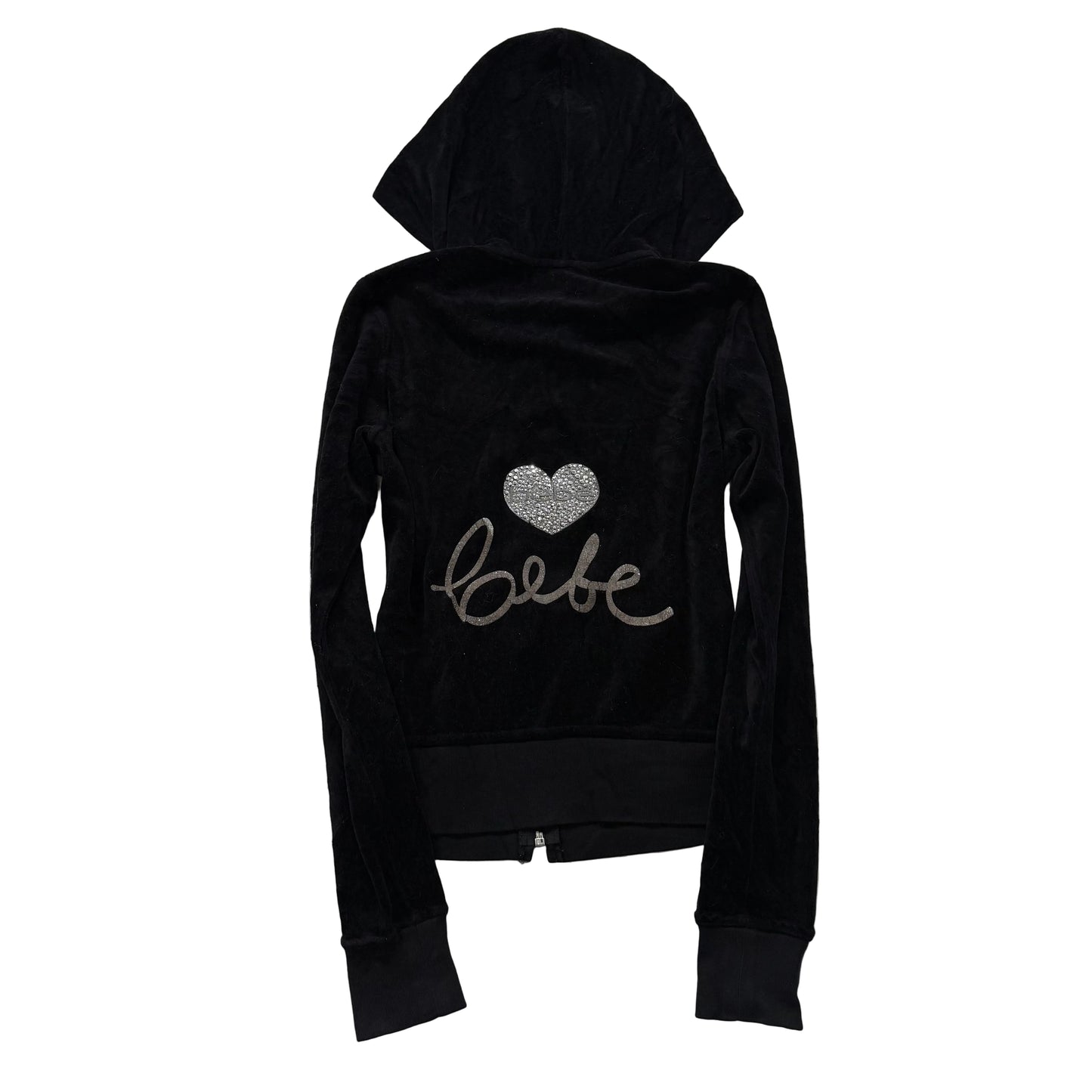 Bebe Women's Black Velour Zip Up Hoodie Rhinestone Heart Made In The USA Size XS