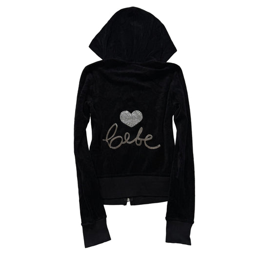 Bebe Women's Black Velour Zip Up Hoodie Rhinestone Heart Made In The USA Size XS