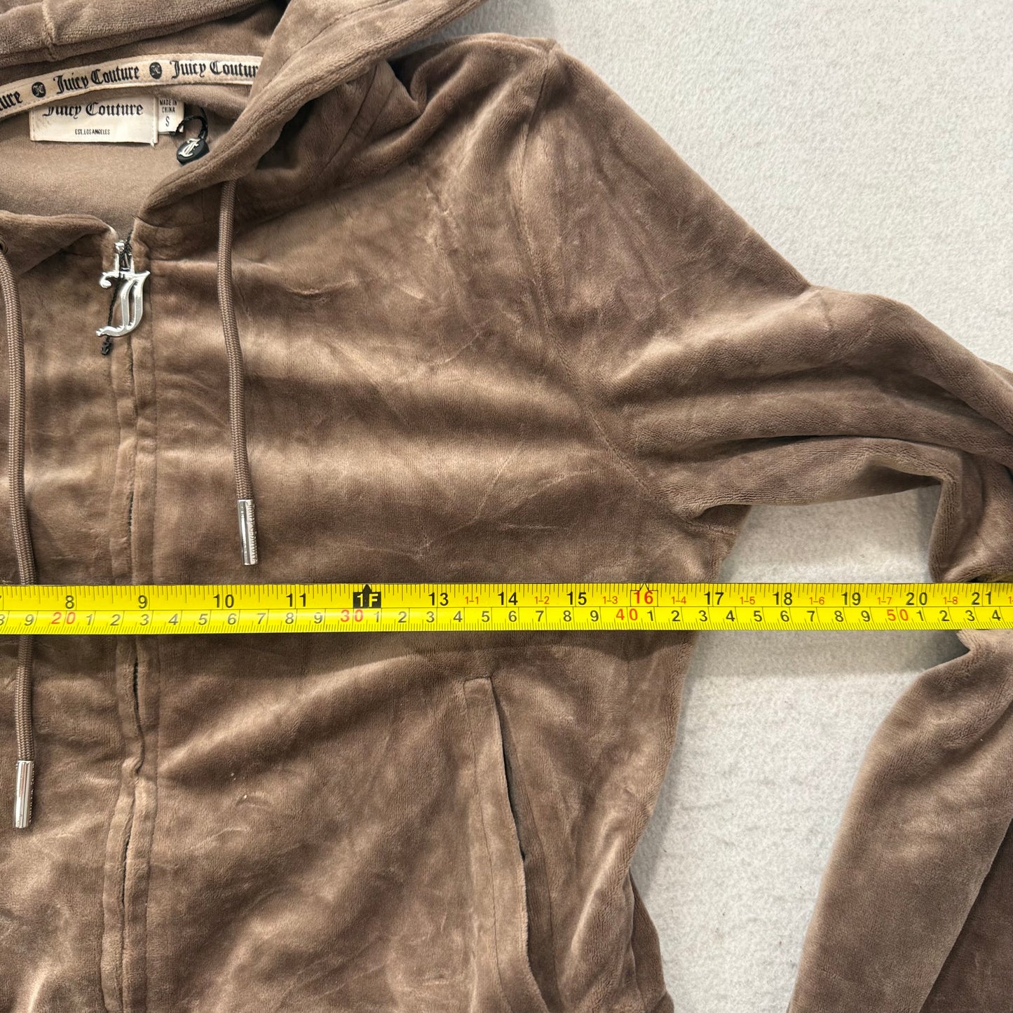 Juicy Couture Women's Brown Velour Zip-Up Cropped Hoodie Rhinestones Logo Size S