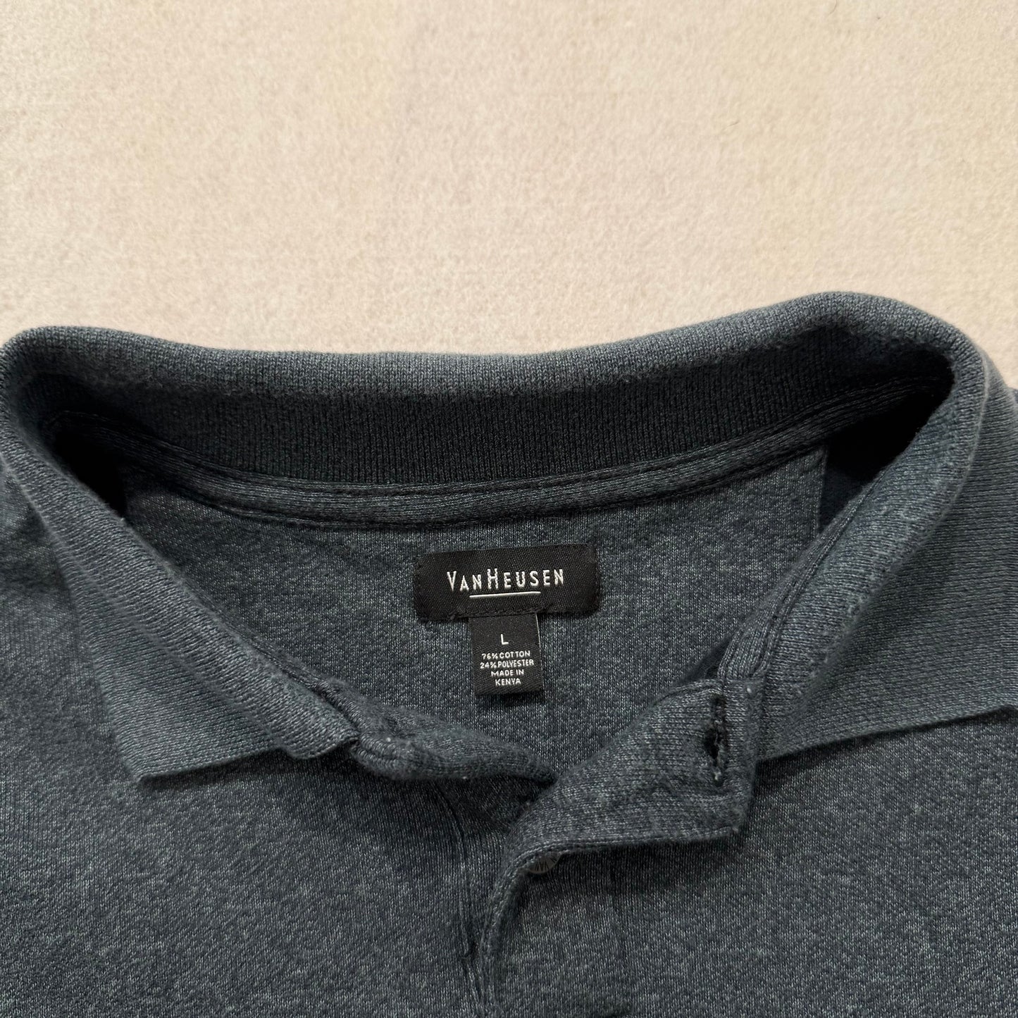 Van Heusen Gray Black Cotton Blend Polo Shirt Long Sleeves Ribbed Collar Size L