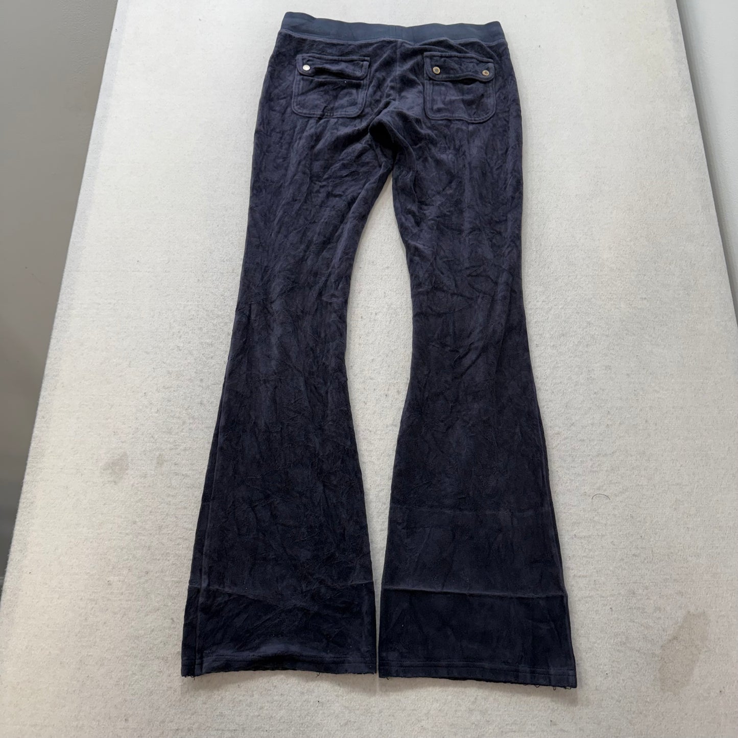 Vintage Juicy Couture Women's Navy Velour Flared Track Pant Studded Logo Size S