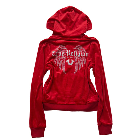 True Religion Red Velour Rhinestone Wings Zip Hoodie Y2K NWT Size M