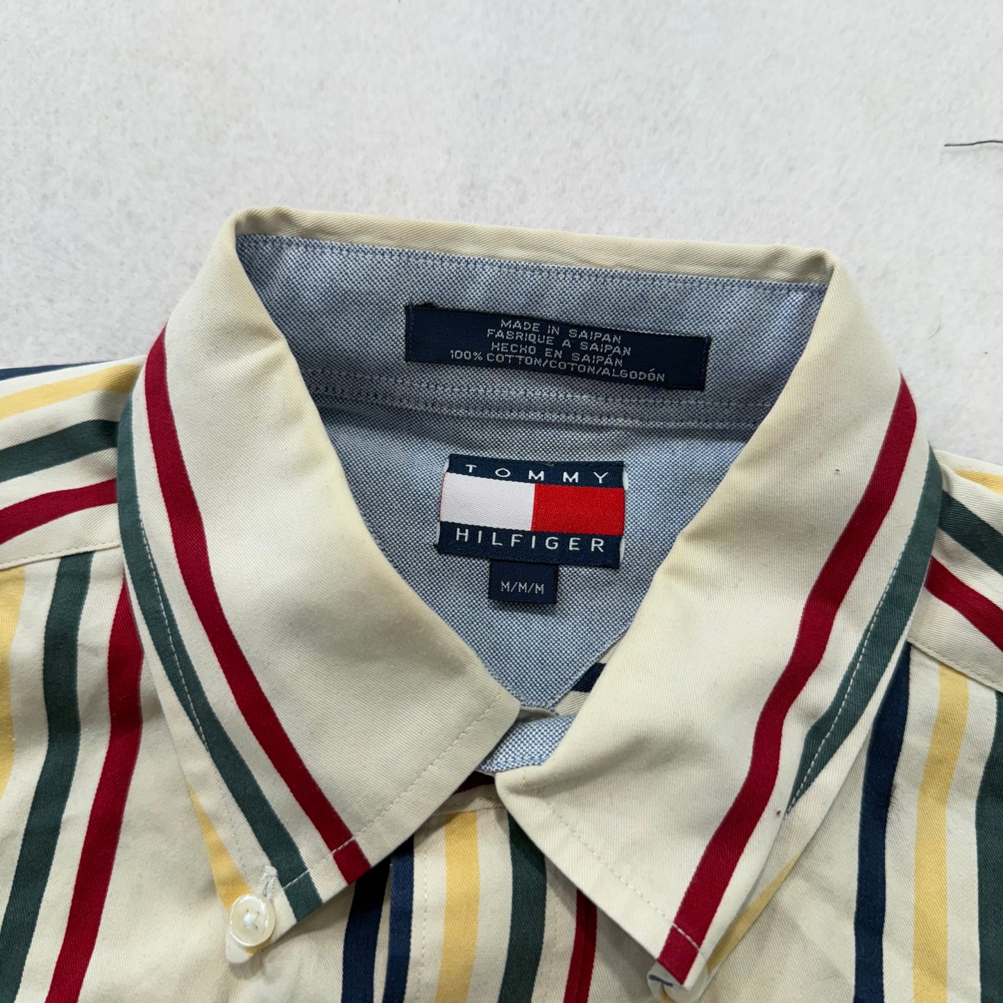 Tommy Hilfiger Cream Stripes 100% Cotton Short Sleeves Button-Down Shirt Size M