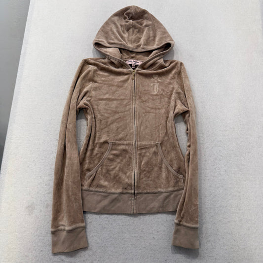 Juicy Couture Women's Tan Velour Full Zip Hoodie Graphic Logo Preppy Y2K Size M