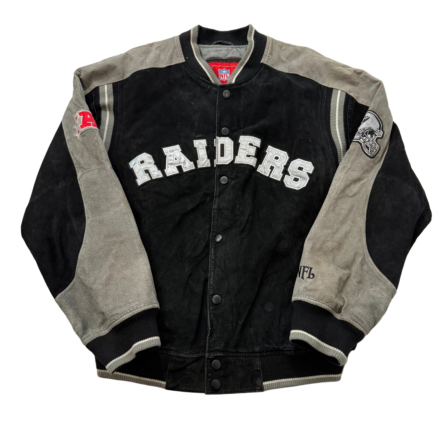 Vtg NFL Oakland Raiders Men's Black Gray Suede Bomber Jacket Patches Logo Size L