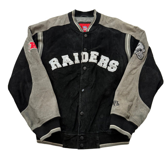 Vtg NFL Oakland Raiders Men's Black Gray Suede Bomber Jacket Patches Logo Size L