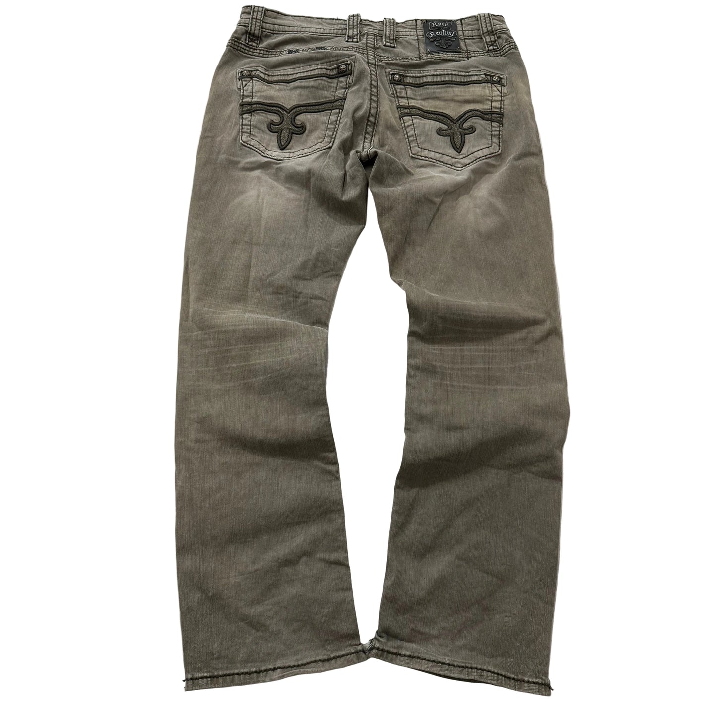 Rock Revival Men Taupe Denim Straight Jeans Inverted Fleur-de-Lis Pocket Size 36