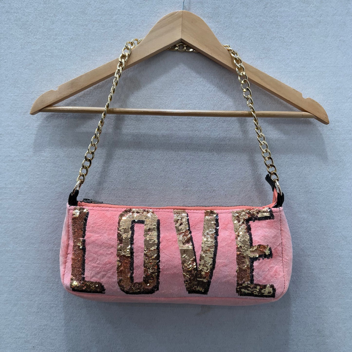 PINK Victoria's Secret Peach Velour Sequin Gold Chain Strap Shoulder Bag Size XS