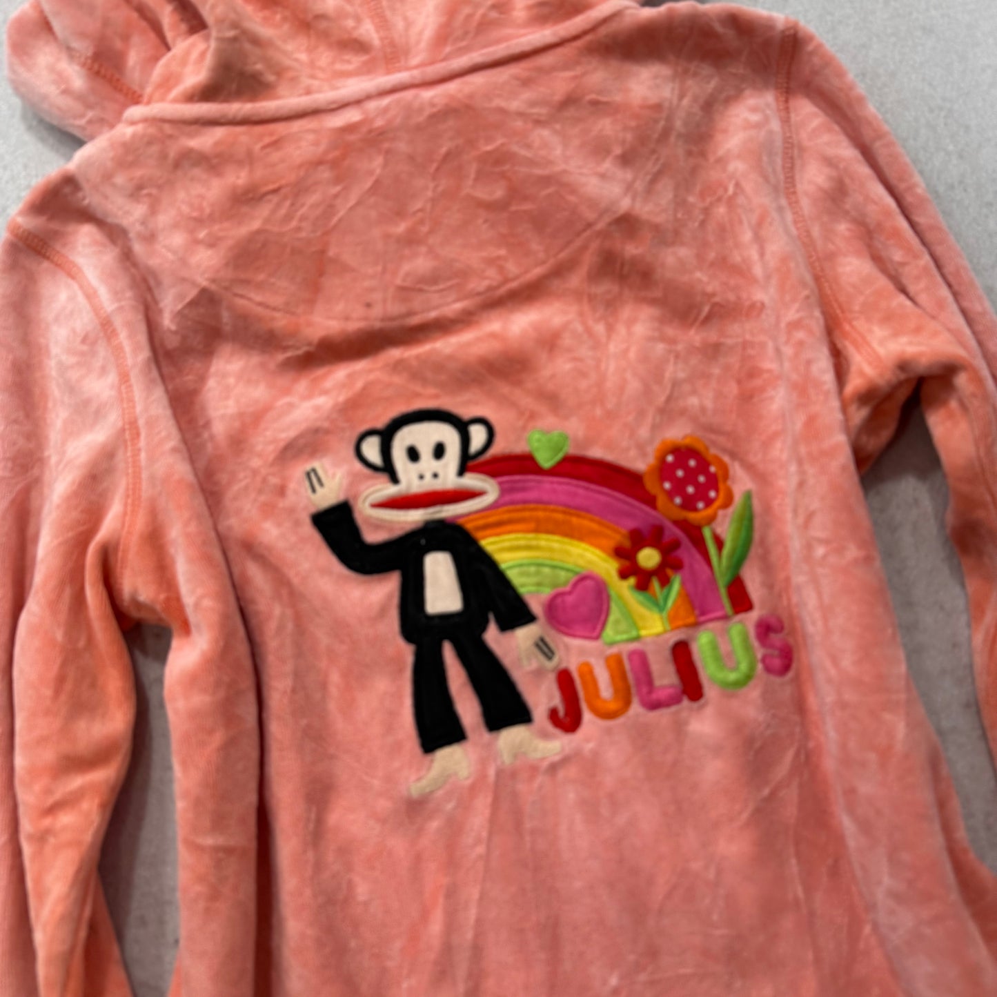 Paul Frank Womens Coral Pink Velour Zip Up Hoodie Embroidered Monkey Logo Size S