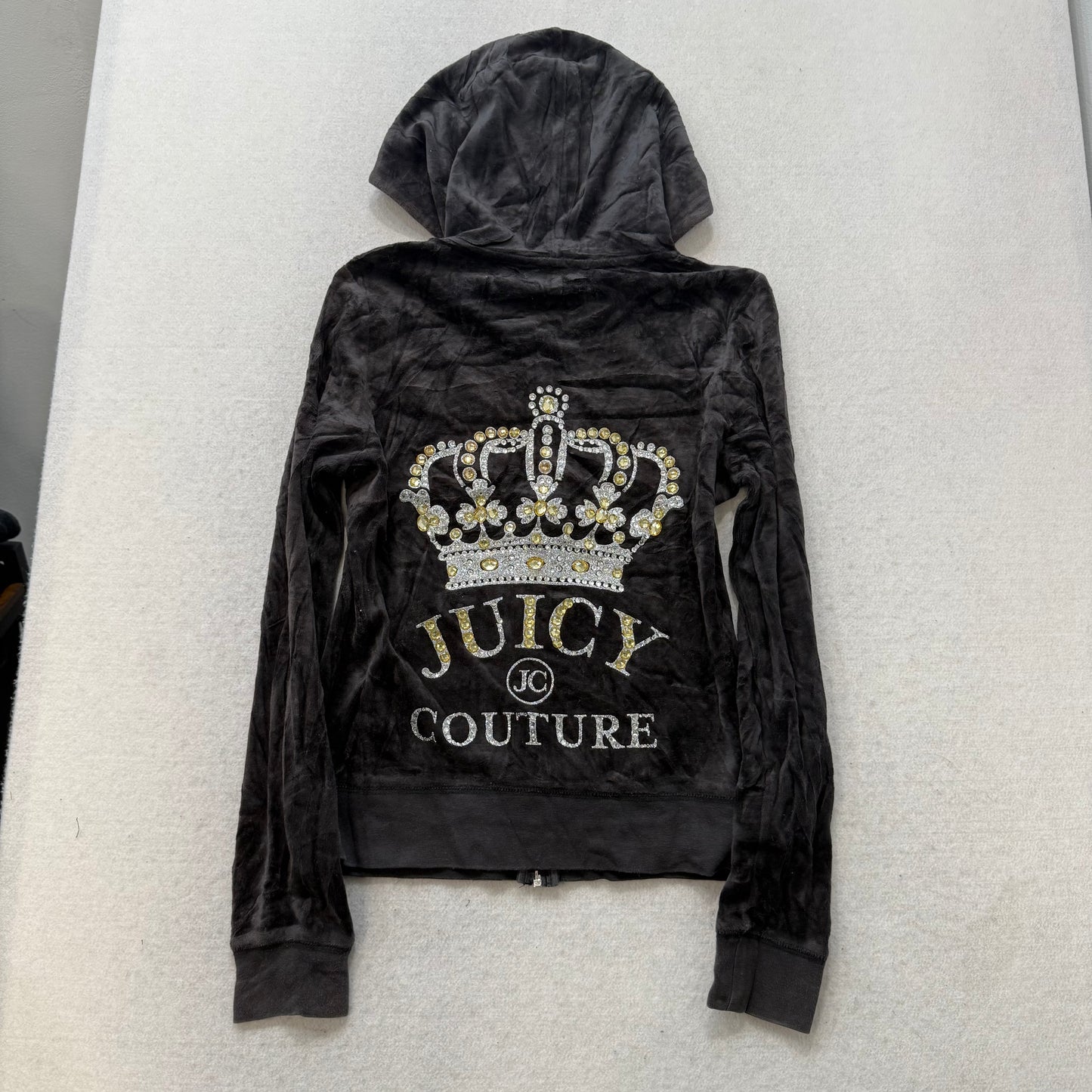 Juicy Couture Faded Black Velour Tracksuit Set Zip Up Hoodie & Flare Pant Size M