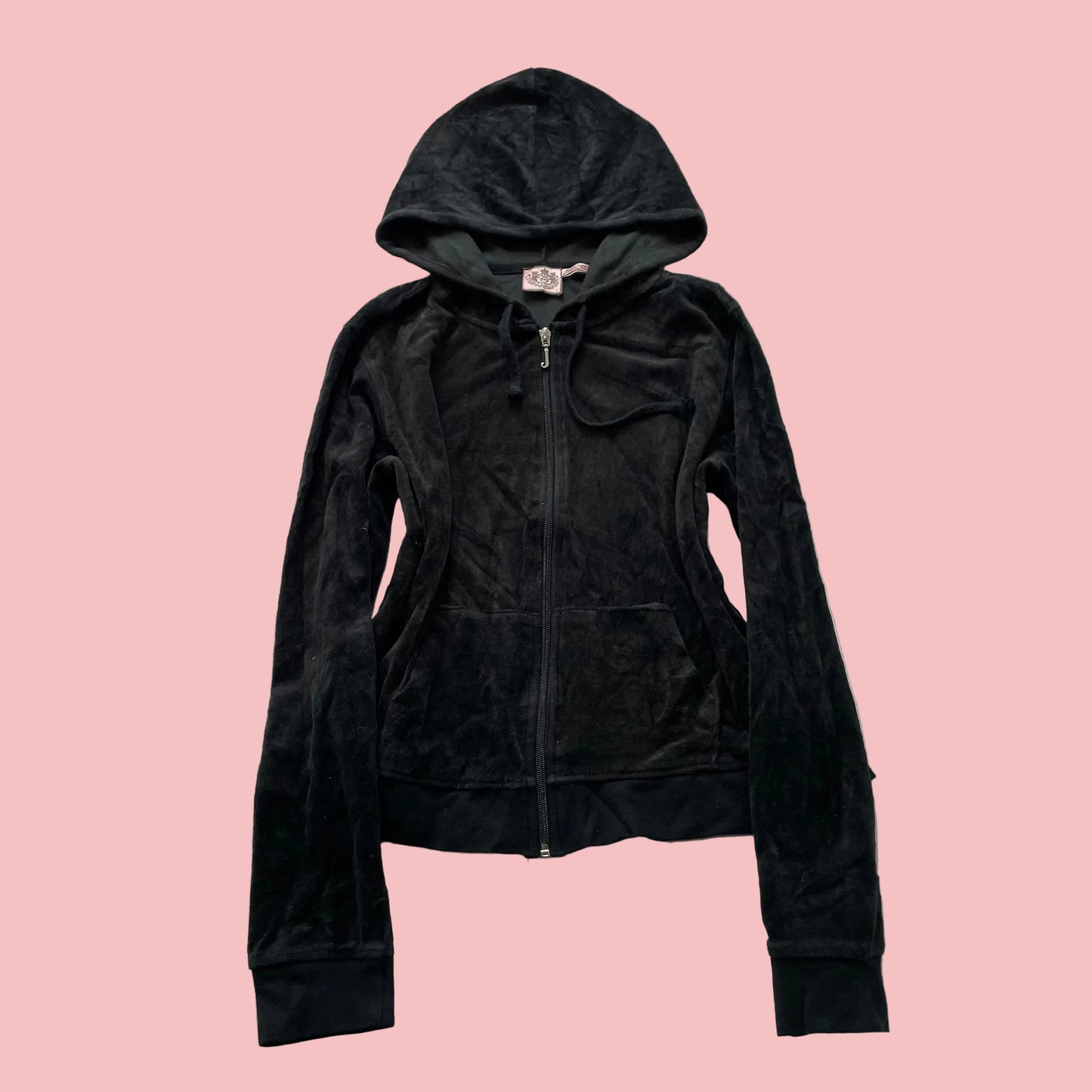 Vintage Juicy Couture Womens Black Velour Zip-Up Hoodie Drawstring Pocket Size L