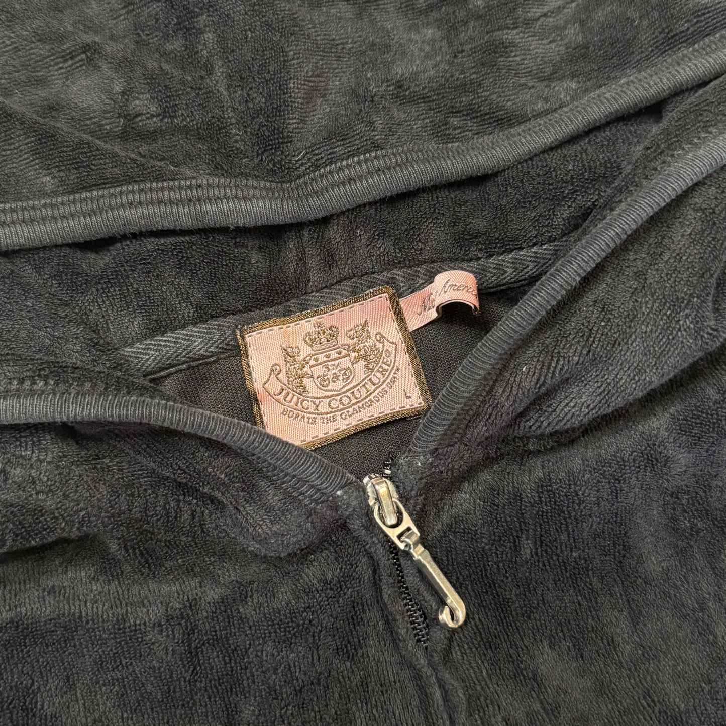Vintage Juicy Couture Women Black Terry Cloth Zip-Up Hoodie Short Sleeve Size L