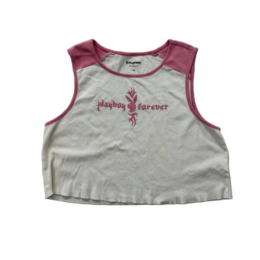 Playboy By Pacsun Women White Pink Cotton Cropped Tank Top Raglan Cut Y2K Size S