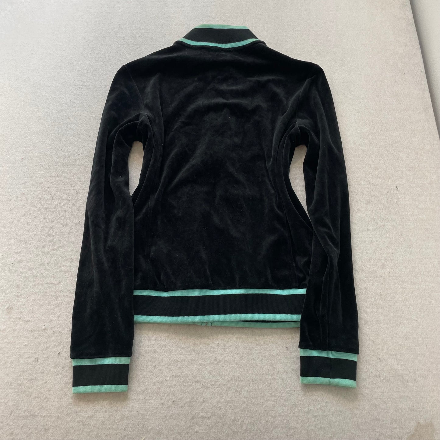 Vintage Juicy Couture Women Black Velour Zip-Up Track Jacket Teal Striped Size S