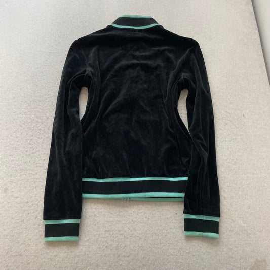 Vintage Juicy Couture Women Black Velour Zip-Up Track Jacket Teal Striped Size S