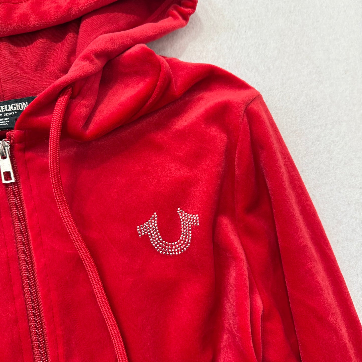 True Religion Red Velour Rhinestone Wings Zip Hoodie Y2K NWT Size M