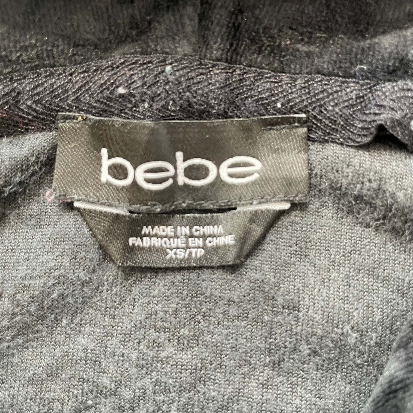 Bebe Women's Charcoal Velour Zip-Up Hoodie Drawstring Rhinestone Front Logo - XS