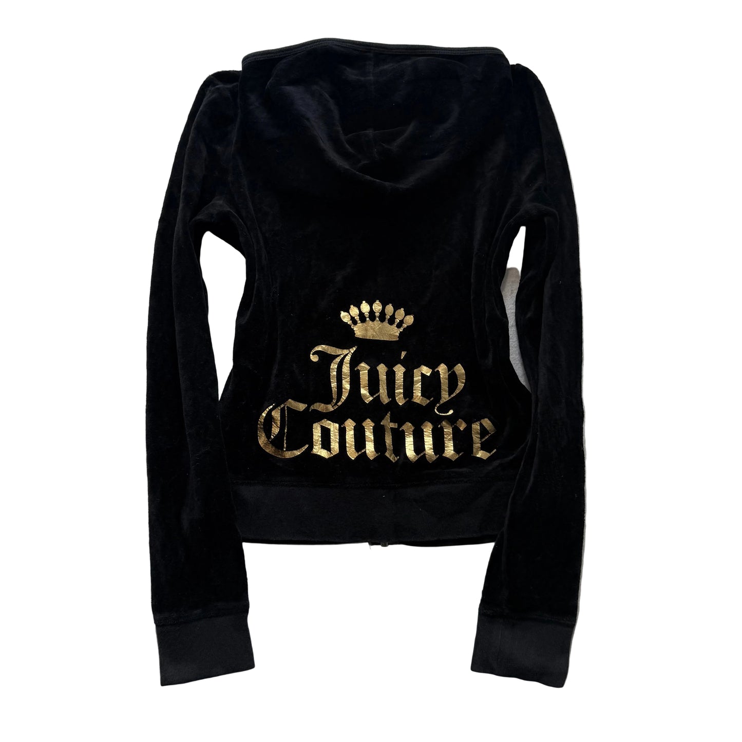 Juicy Couture Women's Black Velour Full Zip Hoodie Pockets Graphic Logo Size M