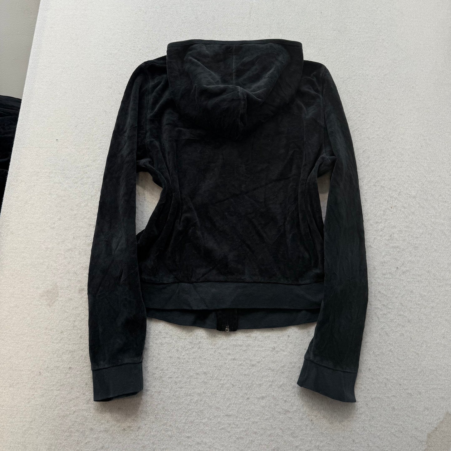 Juicy Couture Women Black Velour Tracksuit Set Hoodie & Snap Pockets Pant Size M