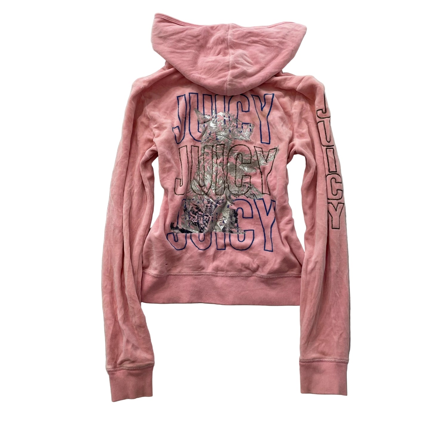 Vintage Juicy Couture Women's Pink Velour Zip Up Hoodie Graphic Logo Y2K Size L