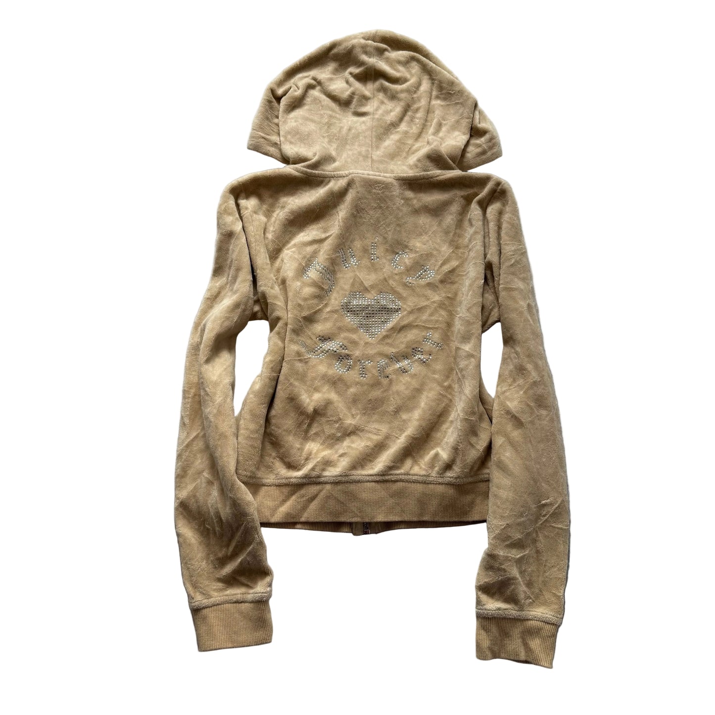 Juicy Couture Forever 21 Women Camel Velour Zip-Up Hoodie Rhinestone Logo Size M