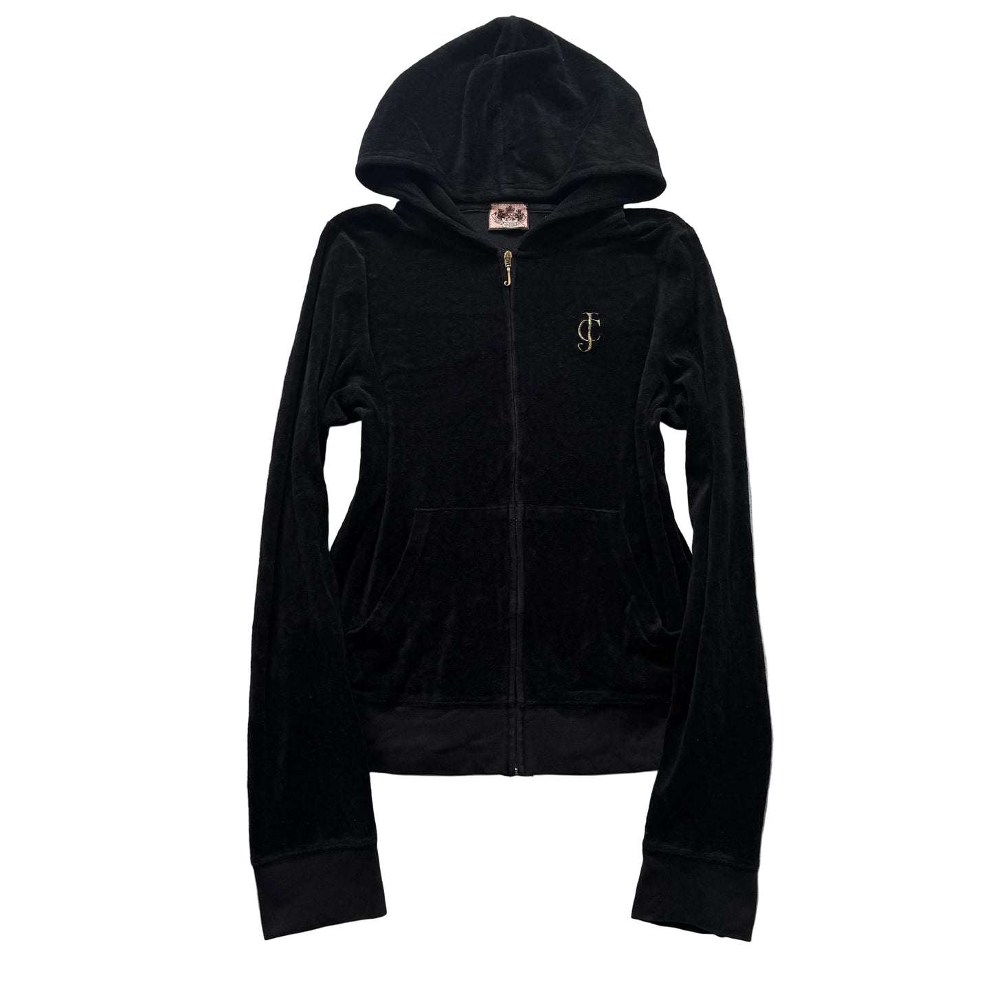 Juicy Couture Womens Black Velour Zip-Up Hoodie Pockets Embroidered Logo Size XL