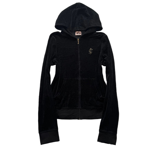Juicy Couture Womens Black Velour Zip-Up Hoodie Pockets Embroidered Logo Size XL