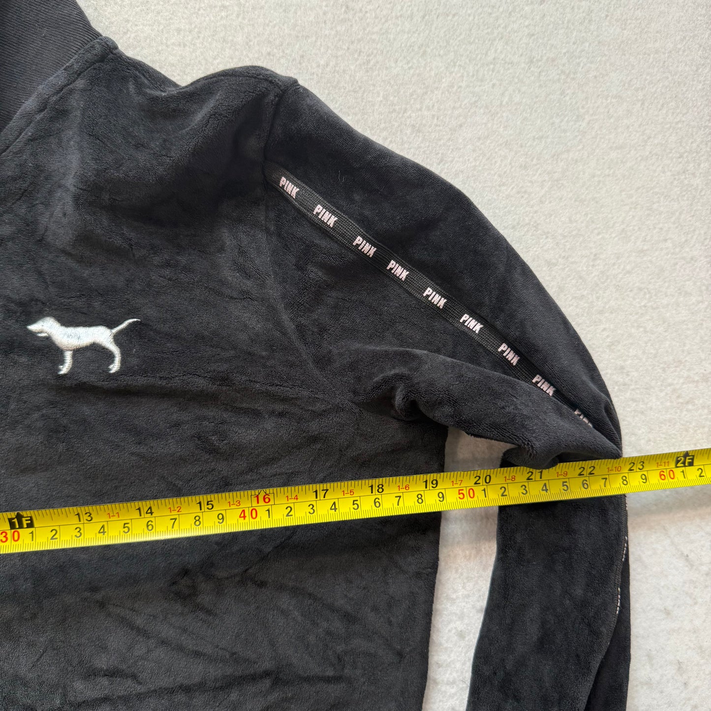Victoria's Secret PINK Women Black Velour Track Jacket Silver Sequin Logo Size S