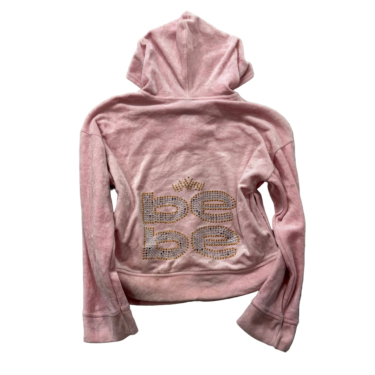 Bebe Women's Baby Pink Velour Full Zip Cropped Hoodie Rhinestones Logo Size S