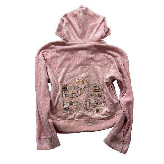 Bebe Women's Baby Pink Velour Full Zip Cropped Hoodie Rhinestones Logo Size S