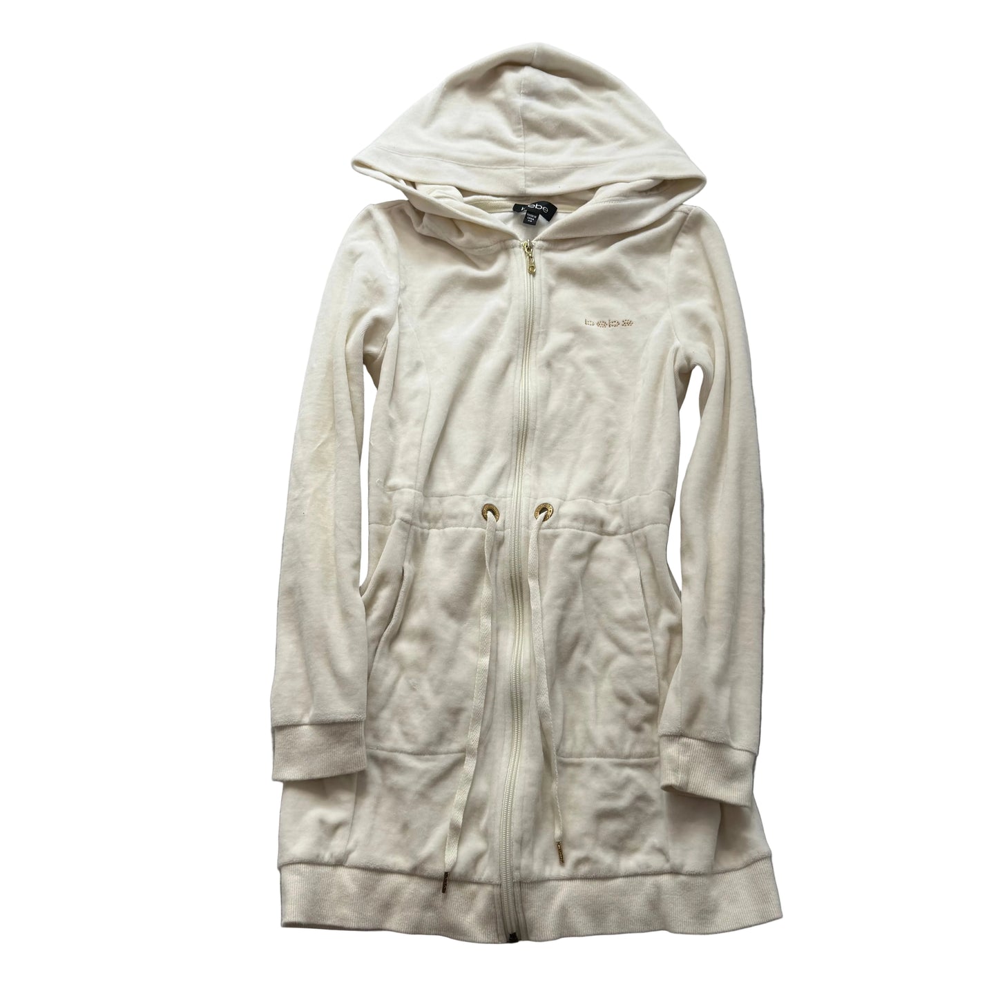 Bebe Women Cream Velour Full Zip Long Hoodie Drawstring Waist Pocket Y2k Size XS