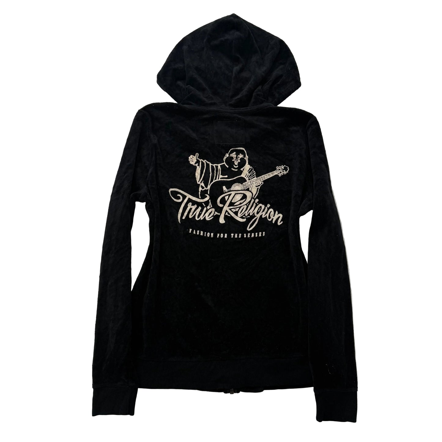 Vintage True Religion Womens Black Velour Zip Up Hoodie Buddha Rhinestone Size L