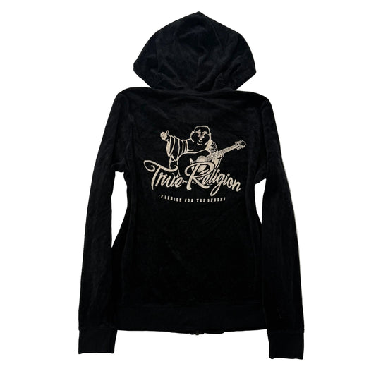 Vintage True Religion Womens Black Velour Zip Up Hoodie Buddha Rhinestone Size L