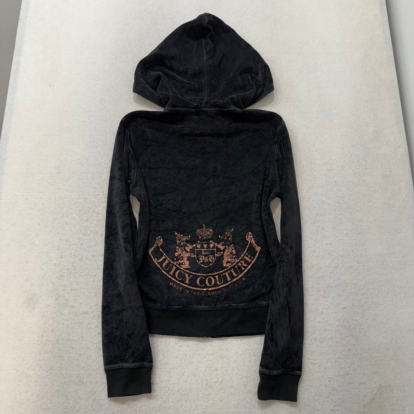 Juicy Couture Black Velour Tracksuit Set Zip Up Hoodie & Flared Pant Logo Size S