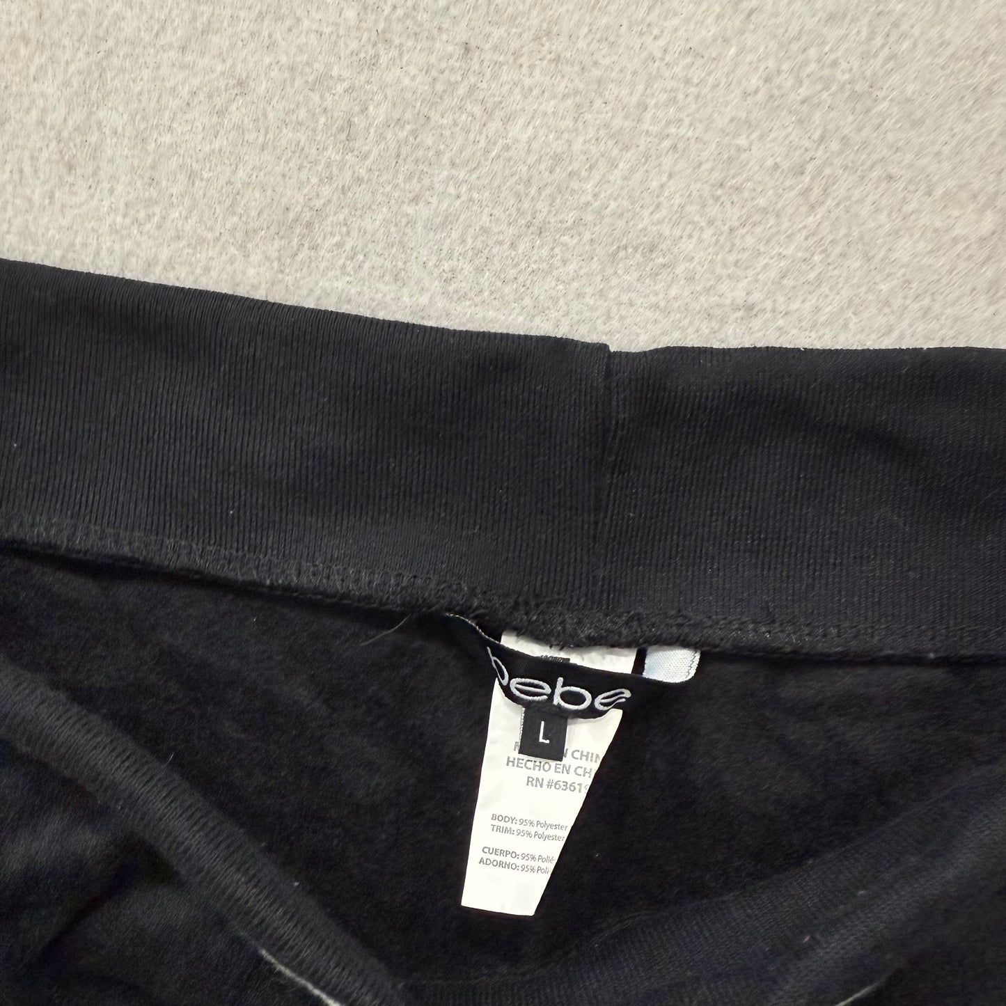 Bebe Women Black Velour White Side Stripes Wide Leg Track Pant Drawstring Size L