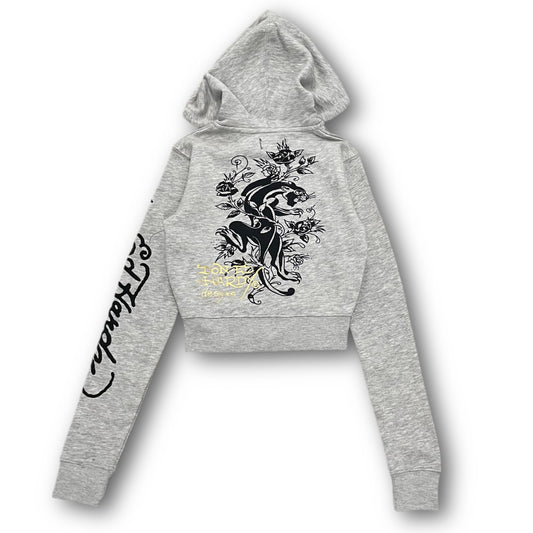 ED HARDY “Heart Roses” GREY CROPPED ZIP UP HOODIE - Clean Curriculums 