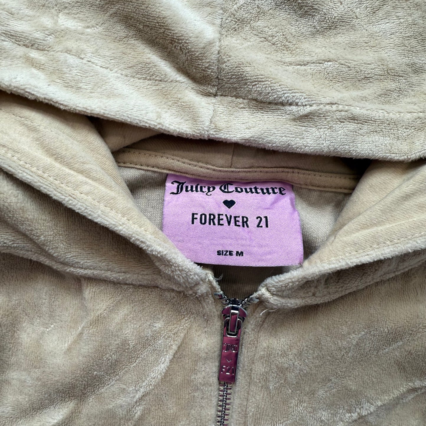 Juicy Couture Forever 21 Women Camel Velour Zip-Up Hoodie Rhinestone Logo Size M
