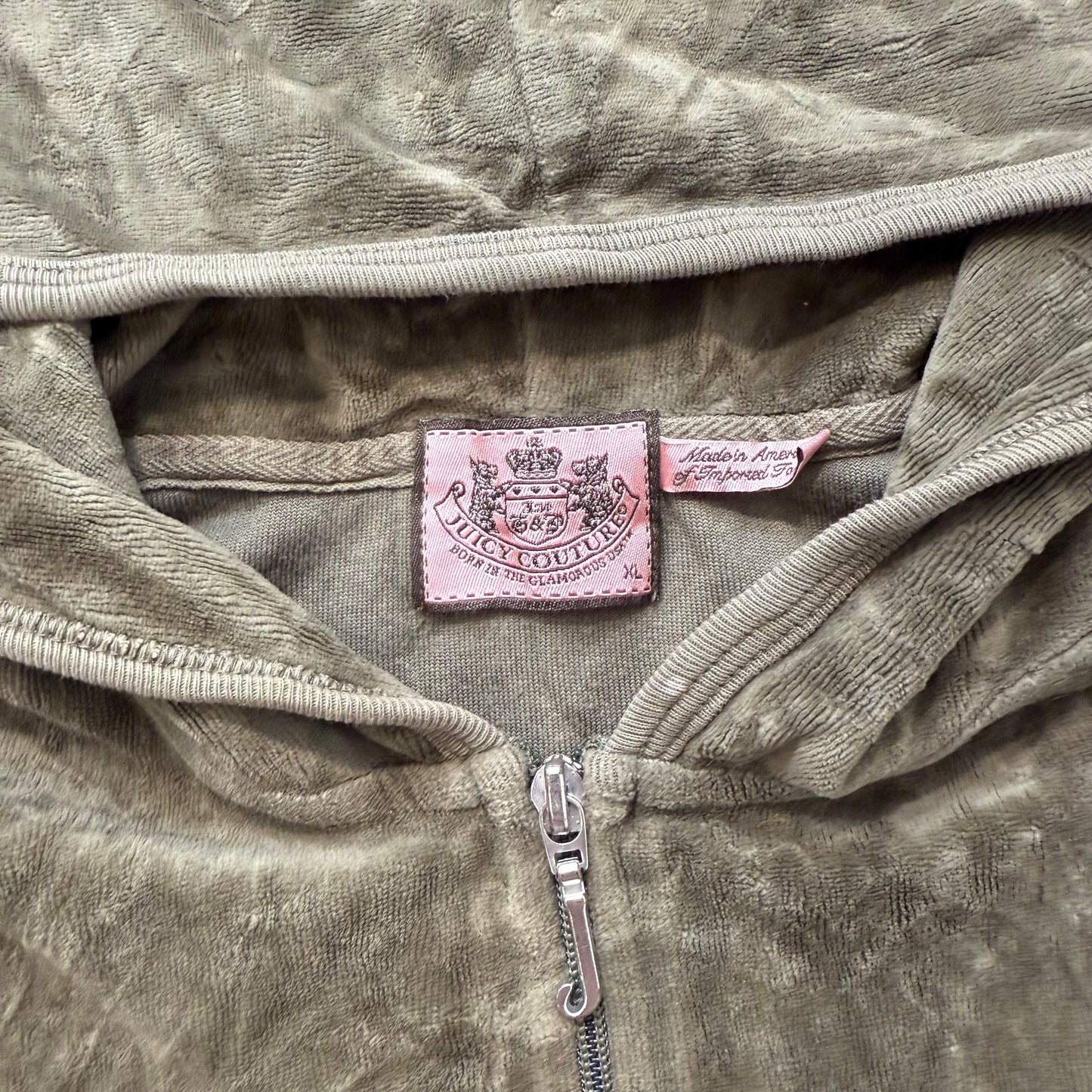 Juicy Couture Women's Olive Velour Zip-Up Hoodie Loungwear Pockets Y2k Size XL