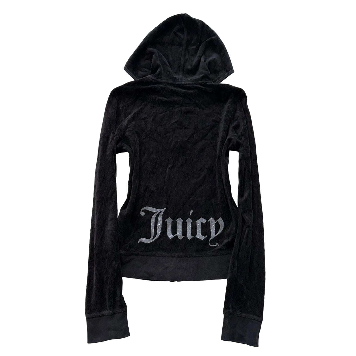 Juicy Couture Women's Black Velour Zip-Up Hoodie Glitter Juicy Logo Y2k Size M